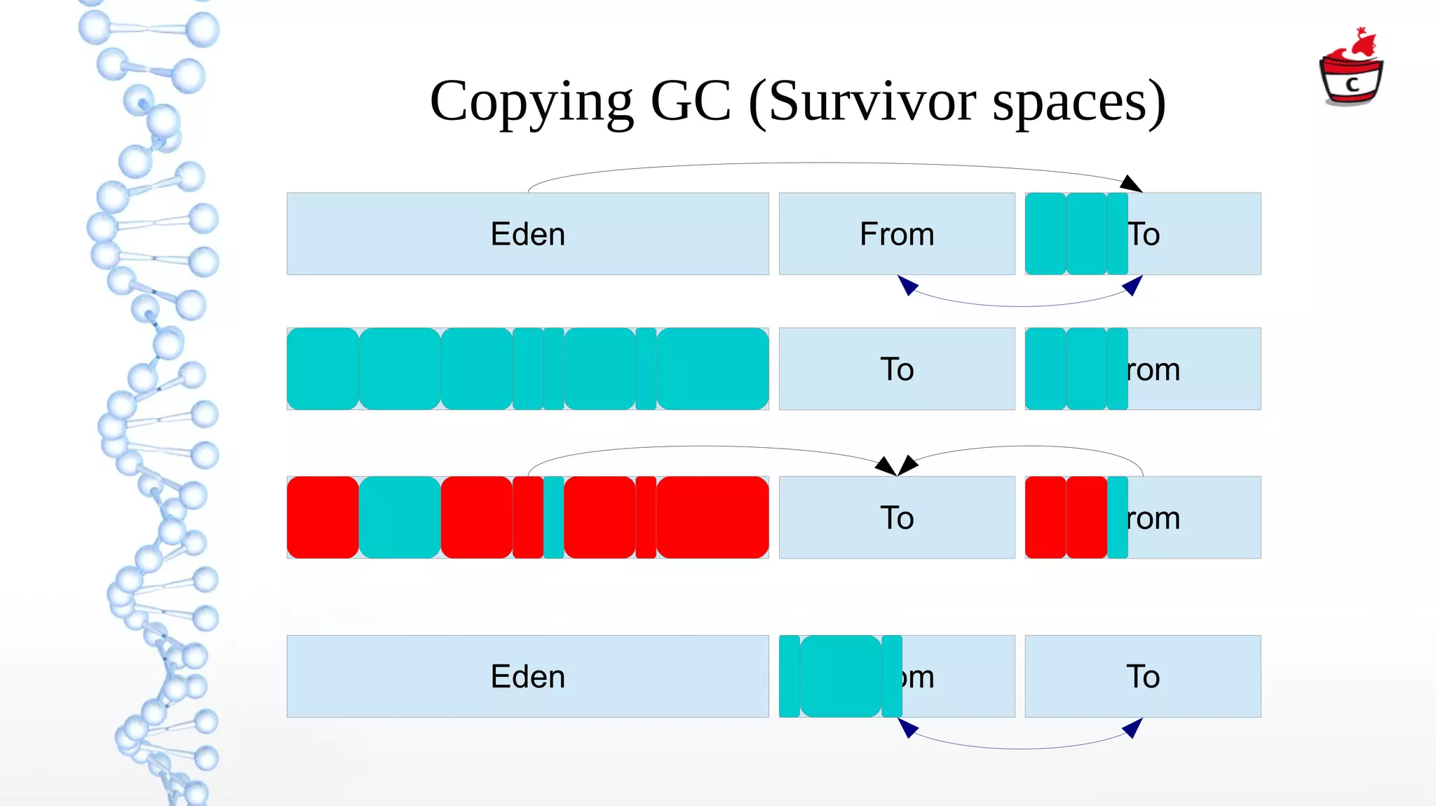 Copying GC (Survivor spaces)
Eden From To
Eden To From
Eden To From
Eden From To
 