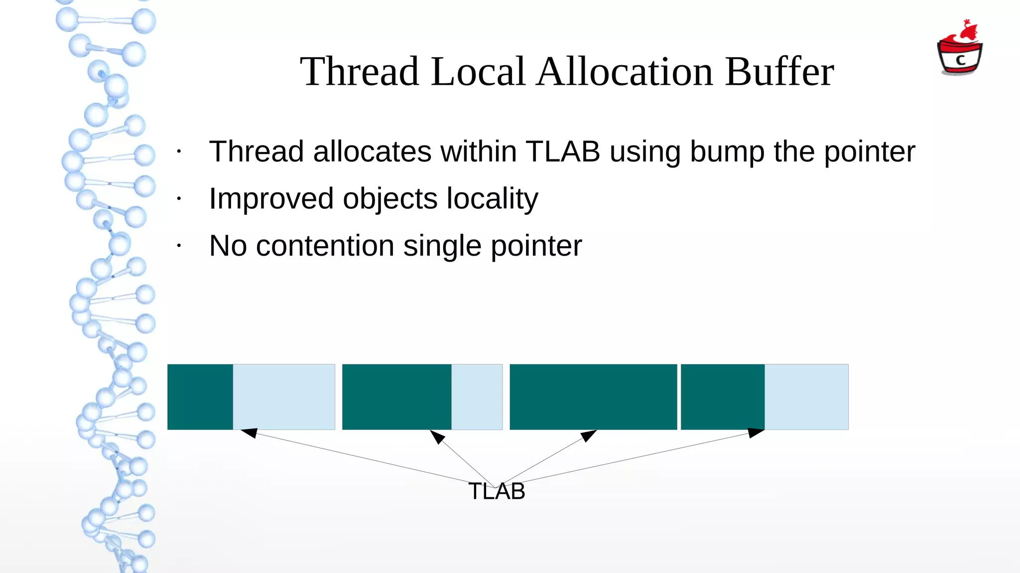 Thread Local Allocation Buffer
●
Thread allocates within TLAB using bump the pointer
●
Improved objects locality
●
No contention single pointer
TLAB
 