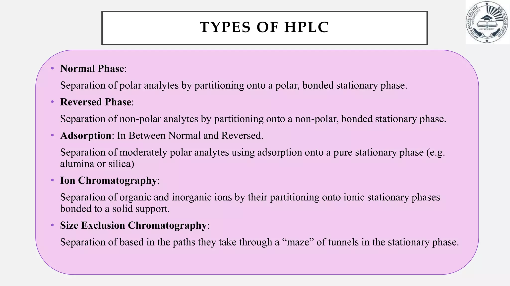 TYPES OF HPLC
• Normal Phase:
Separation of polar analytes by partitioning onto a polar, bonded stationary phase.
• Reversed Phase:
Separation of non-polar analytes by partitioning onto a non-polar, bonded stationary phase.
• Adsorption: In Between Normal and Reversed.
Separation of moderately polar analytes using adsorption onto a pure stationary phase (e.g.
alumina or silica)
• Ion Chromatography:
Separation of organic and inorganic ions by their partitioning onto ionic stationary phases
bonded to a solid support.
• Size Exclusion Chromatography:
Separation of based in the paths they take through a “maze” of tunnels in the stationary phase.
 