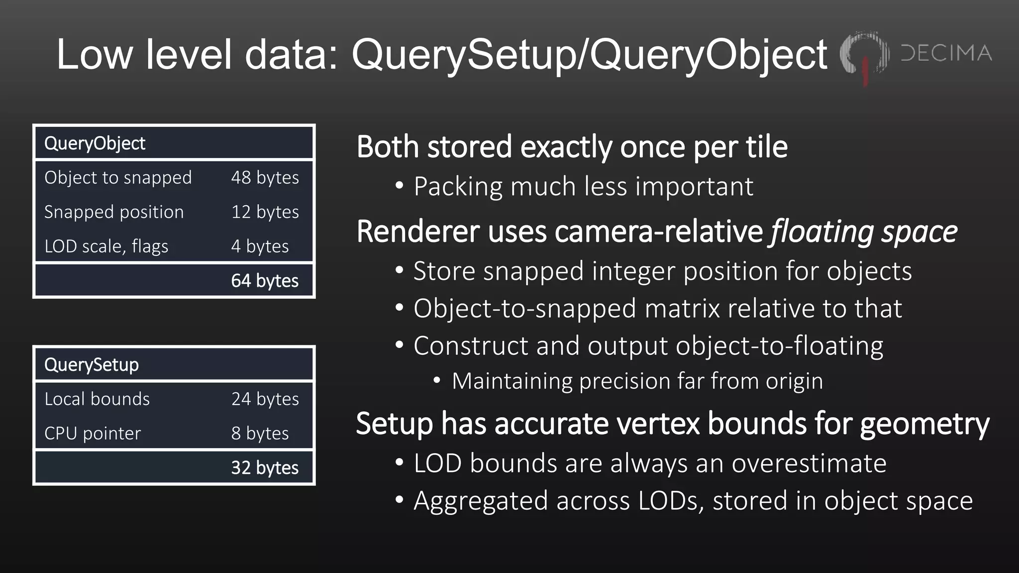 Low level data: QuerySetup/QueryObject
Both stored exactly once per tile
• Packing much less important
Renderer uses camera-relative floating space
• Store snapped integer position for objects
• Object-to-snapped matrix relative to that
• Construct and output object-to-floating
• Maintaining precision far from origin
Setup has accurate vertex bounds for geometry
• LOD bounds are always an overestimate
• Aggregated across LODs, stored in object space
QueryObject
Object to snapped 48 bytes
Snapped position 12 bytes
LOD scale, flags 4 bytes
64 bytes
QuerySetup
Local bounds 24 bytes
CPU pointer 8 bytes
32 bytes
 