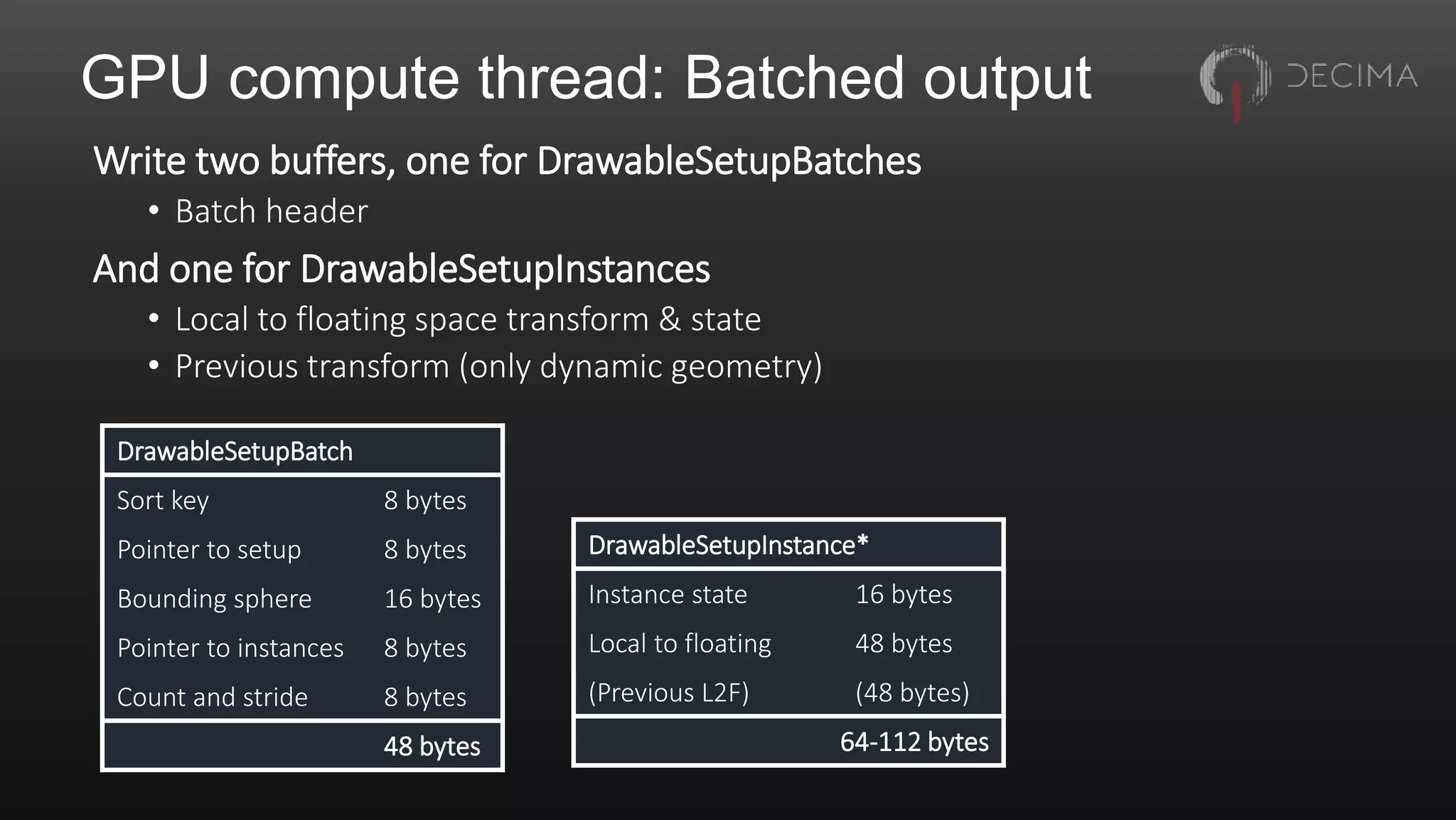 GPU compute thread: Batched output
Write two buffers, one for DrawableSetupBatches
• Batch header
And one for DrawableSetupInstances
• Local to floating space transform & state
• Previous transform (only dynamic geometry)
DrawableSetupBatch
Sort key 8 bytes
Pointer to setup 8 bytes
Bounding sphere 16 bytes
Pointer to instances 8 bytes
Count and stride 8 bytes
48 bytes
DrawableSetupInstance*
Instance state 16 bytes
Local to floating 48 bytes
(Previous L2F) (48 bytes)
64-112 bytes
 