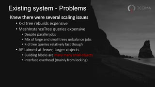 Existing system - Problems
Knew there were several scaling issues
• K-d tree rebuilds expensive
• MeshInstanceTree queries expensive
• Despite parallel jobs
• Mix of large and small trees unbalance jobs
• K-d tree queries relatively fast though
• API aimed at fewer, larger objects
• Building blocks are many many small objects
• Interface overhead (mainly from locking)
 