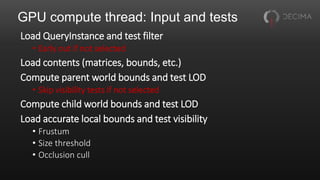 GPU compute thread: Input and tests
Load QueryInstance and test filter
• Early out if not selected
Load contents (matrices, bounds, etc.)
Compute parent world bounds and test LOD
• Skip visibility tests if not selected
Compute child world bounds and test LOD
Load accurate local bounds and test visibility
• Frustum
• Size threshold
• Occlusion cull
 
