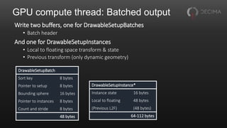 GPU compute thread: Batched output
Write two buffers, one for DrawableSetupBatches
• Batch header
And one for DrawableSetupInstances
• Local to floating space transform & state
• Previous transform (only dynamic geometry)
DrawableSetupBatch
Sort key 8 bytes
Pointer to setup 8 bytes
Bounding sphere 16 bytes
Pointer to instances 8 bytes
Count and stride 8 bytes
48 bytes
DrawableSetupInstance*
Instance state 16 bytes
Local to floating 48 bytes
(Previous L2F) (48 bytes)
64-112 bytes
 