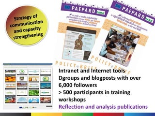 Intranet and Internet tools
Dgroups and blogposts with over
6,000 followers
> 500 participants in training
workshops
Reflection and analysis publications
 