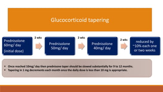 Prednisolone
60mg/ day
(initial dose)
Prednisolone
50mg/ day
Prednisolone
40mg/ day
reduced by
~10% each one
or two weeks
2 wks 2 wks
Glucocorticoid tapering
2 wks
 Once reached 10mg/ day then prednisone taper should be slowed substantially for 9 to 12 months.
 Tapering in 1 mg decrements each month once the daily dose is less than 10 mg is appropriate.
 