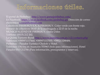 El portal de Piribebuy: http://www.portalpiribebuy.com/
En Facebook: https://es-es.facebook.com/piribebuy.py Dirección de correo
electrónico: c.verd@hotmail.com
Colectivos: PIRIBEBUY S.A. A PIRIBEBUY. Color verde con frente rojo.
Horario de colectivos: 04:45 de la madrugada a 22:15 de la noche.
MUNICIPALIDAD DE PIRIBEBUY. Datos Útiles
Teléfono: (0515) 212 202.
La Quinta Turismo Rural http://www.laquinta.com.py/v2/contacto.php
Teléfonos: +595971117444. +595971117555. +595213288484.
Piribebuy – Parador Turístico Chololó y Hotel.
Teléfonos: Oficina en Asunción 553965 (Solo para informaciones). Hotel
Parador 0515 212766 (Para información, presupuestos y reservas).
 