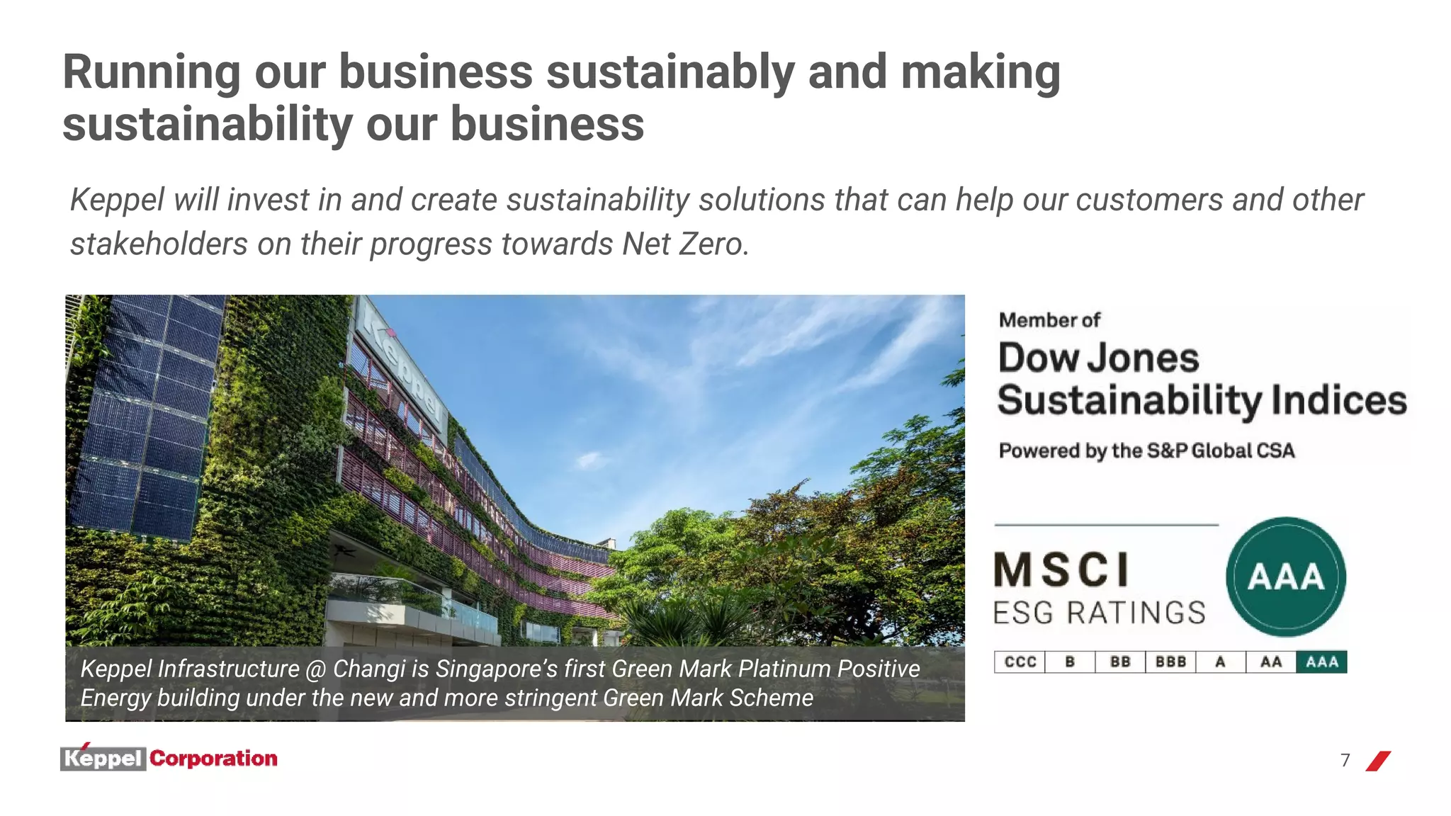 Running our business sustainably and making
sustainability our business
7
Keppel Infrastructure @ Changi is Singapore’s first Green Mark Platinum Positive
Energy building under the new and more stringent Green Mark Scheme
Keppel will invest in and create sustainability solutions that can help our customers and other
stakeholders on their progress towards Net Zero.
 