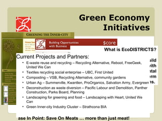 Green Economy Initiatives What is EcoDISTRICTS? EcoDISTRICTS is a strategy to build “triple bottom line” communities with the lowest possible environmental impact and highest long-term economic and community returns.  Current Projects and Partners: E-waste reuse and recycling – Recycling Alternative, Reboot, FreeGeek, United We Can Textiles recycling social enterprise – UBC, First United Composting – VSB, Recycling Alternative, community gardens Urban Ag – Summerville, Kwantlen, ProOrganics, Salvation Army, Evergreen Deconstruction as waste diversion – Pacific Labour and Demolition, Panther Construction, Parks Board, Planning Landscaping for greening and food – Landscaping with Heart, United We Can Green Inner-city Industry Cluster – Strathcona BIA Case In Point: Save On Meats … more than just meat! 