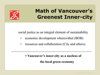 Math of Vancouver’s Greenest Inner-city social justice as an integral element of sustainability +  economic development wherewithal (BOB) +  resources and collaboration (City and others) ________________________________________________ = Vancouver’s inner-city as a nucleus of  the local green economy 