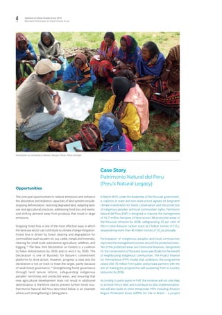 4 Yearbook of Global Climate Action 2019
Marrakech Partnership for Global Climate Action
Participants of a workshop in Borana, Ethiopia. Photo: Anton Eitzinger.
Opportunities
The principal opportunities to reduce emissions and enhance
the absorption and resilience capacities of land systems include:
stopping deforestation; restoring degraded land; adapting land-
use and agricultural practices; addressing food loss and waste;
and shifting demand away from products that result in large
emissions.
Stopping forest loss is one of the most effective ways in which
the land-use sector can contribute to climate change mitigation.
Forest loss is driven by forest clearing and degradation for
commodities (such as palm oil, soy, cattle, metals and minerals),
clearing for small-scale subsistence agriculture, wildfires, and
logging.13
The New York Declaration on Forests is a coalition
to halve deforestation by 2020 and to end it by 2030. The
Declaration is one of Business for Nature’s commitment
platforms to drive action. However, progress is slow and the
declaration is not on track to meet the target, partly because
of weak forest governance.14
Strengthening forest governance
through land tenure reform, safeguarding indigenous
peoples’ territories and protected areas, and ensuring that
new agricultural development does not result in additional
deforestation is therefore vital to prevent further forest loss.
Patrimonio Natural del Peru described below is an example
where such strengthening is taking place.
Case Story
Patrimonio Natural del Peru
(Peru’s Natural Legacy)
In March 2019, under the leadership of the Peruvian government,
a coalition of state and non-state actors agreed on long-term
climate investments for forest conservation and the protection
of indigenous peoples’ and local communities’ rights. Patrimonio
Natural del Peru (PdP) is designed to improve the management
of 16.7 million hectares of land across 38 protected areas in
the Peruvian Amazon by 2028, safeguarding 23 per cent of
Peru's total Amazon carbon stock (6.7 billion tonnes of CO2
),
sequestering more than 40 million tonnes of CO2
eq annually.
Participation of indigenous peoples and local communities
improves the management process around the protected areas.
Ten of the protected areas are Communal Reserves, designated
for the conservation of flora and fauna specifically for the benefit
of neighbouring indigenous communities. The Project Finance
for Permanence (PFP) model that underpins the programme
raised USD 70 million from public and private partners with the
aim of making the programme self-sustaining from in-country
resources by 2028.
According to participants in PdP, the initiative will not only help
to achieve Peru’s NDC and contribute to SDG implementation,
but will also build on other Amazonian PFPs including Amazon
Region Protected Areas (ARPA) for Life in Brazil – a project
 