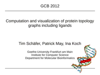 GCB 2012

Computation and visualization of protein topology
graphs including ligands

Tim Schäfer, Patrick May, Ina Koch
Goethe-University Frankfurt am Main
Institute for Computer Science
Department for Molecular Bioinformatics

 