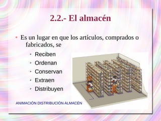 2.2.- El almacén 
● Es un lugar en que los artículos, comprados o 
fabricados, se 
➢ Reciben 
➢ Ordenan 
➢ Conservan 
➢ Extraen 
➢ Distribuyen 
ANIMACIÓN DISTRIBUCIÓN ALMACÉN 
 