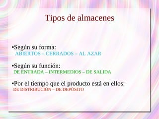 Tipos de almacenes 
●Según su forma: 
ABIERTOS – CERRADOS – AL AZAR 
●Según su función: 
DE ENTRADA – INTERMEDIOS – DE SALIDA 
●Por el tiempo que el producto está en ellos: 
DE DISTRIBUCIÓN – DE DEPÓSITO 
 