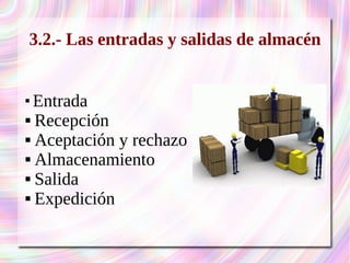 3.2.- Las entradas y salidas de almacén 
 Entrada 
 Recepción 
 Aceptación y rechazo 
 Almacenamiento 
 Salida 
 Expedición 
 