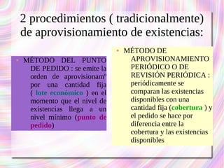 2 procedimientos ( tradicionalmente) 
de aprovisionamiento de existencias: 
● MÉTODO DEL PUNTO 
DE PEDIDO : se emite la 
orden de aprovisionamº 
por una cantidad fija 
( lote económico ) en el 
momento que el nivel de 
existencias llega a un 
nivel mínimo (punto de 
pedido) 
● MÉTODO DE 
APROVISIONAMIENTO 
PERIÓDICO O DE 
REVISIÓN PERIÓDICA : 
periódicamente se 
comparan las existencias 
disponibles con una 
cantidad fija (cobertura ) y 
el pedido se hace por 
diferencia entre la 
cobertura y las existencias 
disponibles 
 