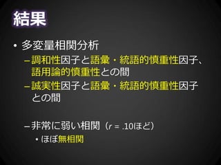 結果
• 多変量相関分析
–調和性因子と語彙・統語的慎重性因子、
語用論的慎重性との間
–誠実性因子と語彙・統語的慎重性因子
との間
–非常に弱い相関（r = .10ほど）
• ほぼ無相関
 