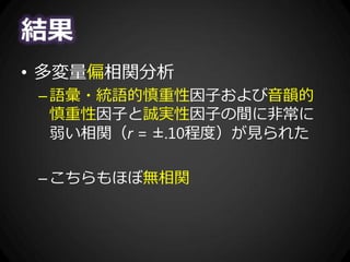 結果
• 多変量偏相関分析
–語彙・統語的慎重性因子および音韻的
慎重性因子と誠実性因子の間に非常に
弱い相関（r = ±.10程度）が見られた
–こちらもほぼ無相関
 