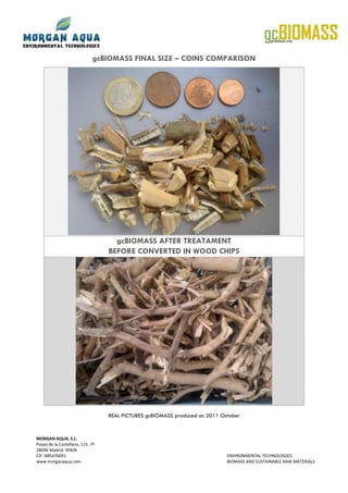 gcBIOMASS FINAL SIZE – COINS COMPARISON




                                    gcBIOMASS AFTER TREATAMENT
                                  BEFORE CONVERTED IN WOOD CHIPS




                                  REAL PICTURES gcBIOMASS produced on 2011 October


MORGAN AQUA, S.L.
Paseo de la Castellana, 115. 7ª
28046 Madrid. SPAIN
CIF: B85476091                                                               ENVIRONMENTAL TECHNOLOGIES
www.morganaqua.com                                                           BIOMASS AND SUSTAINABLE RAW MATERIALS
 