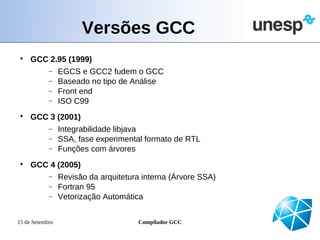 Versões GCC
 
     GCC 2.95 (1999)
            −    EGCS e GCC2 fudem o GCC
            −    Baseado no tipo de Análise
            −    Front end
            −    ISO C99
 
     GCC 3 (2001)
            −    Integrabilidade libjava
            −    SSA, fase experimental formato de RTL
            −    Funções com árvores
 
     GCC 4 (2005)
            −    Revisão da arquitetura interna (Árvore SSA)
            −    Fortran 95
            −    Vetorização Automática


15 de Setembro                        Compilador GCC
 
