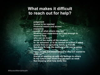 #Movies4MentalHealth#Movies4MentalHealth
judgement
scared to be rejected
Financial means and access
expensive
scared of what others may say
thinking your experience isn't bad enough to
deserve help
who can we trust?
denial of the reality of the situation
to be ashamed or to be labeled or bullied if some
people find out including family or friends
Not ready to face the reality of what you're going
through
many people feel embarrassed or they are scared to
open up***
scared of opening up with my feelings to others
In my culture men think they are seen as weak
Not knowing what help looks like
What makes it difficult
to reach out for help?
 