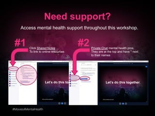 #Movies4MentalHealth
Need support?
Access mental health support throughout this workshop.
Click Shared Notes
To link to online resources
Private Chat mental health pros.
They are at the top and have * next
to their names
#1 #2
 