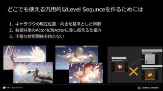 どこでも使える汎用的なLevel Sequnceを作るためには
1. キャラクタの現在位置・向きを基準とした制御
2. 制御対象のActorを別Actorに差し替える仕組み
3. 不要な参照関係を持たない
 