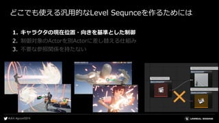 どこでも使える汎用的なLevel Sequnceを作るためには
1. キャラクタの現在位置・向きを基準とした制御
2. 制御対象のActorを別Actorに差し替える仕組み
3. 不要な参照関係を持たない
 