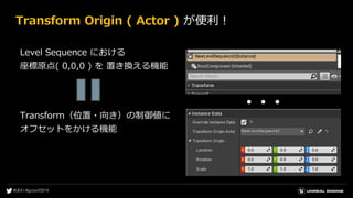 Level Sequence における
座標原点( 0,0,0 ) を 置き換える機能
Transform（位置・向き）の制御値に
オフセットをかける機能
Transform Origin ( Actor ) が便利！
● ● ●
 