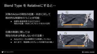 Blend Type を Relativeにすると…
対象のActorの現在の位置・向きに対して
相対的な制御を行うことが可能
● 座標を直接変更するのではなく
現在の位置・向きにオフセットをかける形
位置の制御に関しては
現在の向きは考慮しないので注意！
● Actorのローカル座標系では制御していない
● あくまで、現座標とのブレンド計算手法の違い
 