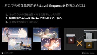 どこでも使える汎用的なLevel Sequnceを作るためには
1. キャラクタの現在位置・向きを基準とした制御
2. 制御対象のActorを別Actorに差し替える仕組み
3. 不要な参照関係を持たない
 