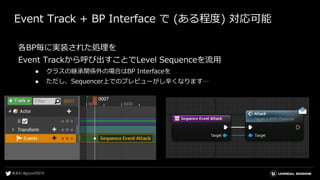 Event Track + BP Interface で (ある程度) 対応可能
各BP毎に実装された処理を
Event Trackから呼び出すことでLevel Sequenceを流用
● クラスの継承関係外の場合はBP Interfaceを
● ただし、Sequencer上でのプレビューがし辛くなります…
 
