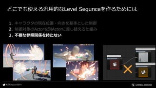 どこでも使える汎用的なLevel Sequnceを作るためには
1. キャラクタの現在位置・向きを基準とした制御
2. 制御対象のActorを別Actorに差し替える仕組み
3. 不要な参照関係を持たない
 
