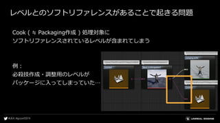 レベルとのソフトリファレンスがあることで起きる問題
Cook ( ≒ Packaging作成 ) 処理対象に
ソフトリファレンスされているレベルが含まれてしまう
例：
必殺技作成・調整用のレベルが
パッケージに入ってしまっていた…
 