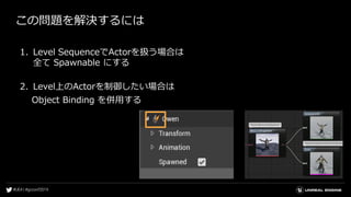 この問題を解決するには
1. Level SequenceでActorを扱う場合は
全て Spawnable にする
2. Level上のActorを制御したい場合は
Object Binding を併用する
 
