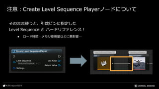 注意：Create Level Sequence Playerノードについて
そのまま使うと、引数ピンに指定した
Level Sequence と ハードリファレンス！
● ロード時間・メモリ使用量などに悪影響…
 