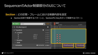 SequencerのActor制御部分のUIについて
Section：どの区間・フレームにおける制御内容を設定
● Section自体で制御するパターンと、Section内にKeyを打って制御するパターン
 