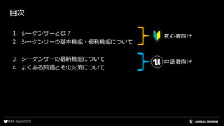 目次
1. シーケンサーとは？
2. シーケンサーの基本機能・便利機能について
3. シーケンサーの最新機能について
4. よくある問題とその対策について
初心者向け
中級者向け
 