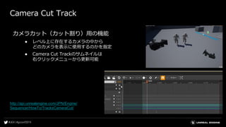Camera Cut Track
カメラカット（カット割り）用の機能
● レベル上に存在するカメラの中から
どのカメラを表示に使用するのかを指定
● Camera Cut Trackのサムネイルは
右クリックメニューから更新可能
http://api.unrealengine.com/JPN/Engine/
Sequencer/HowTo/TracksCameraCut/
 