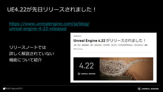 UE4.22が先日リリースされました！
https://www.unrealengine.com/ja/blog/
unreal-engine-4-22-released
リリースノートでは
詳しく解説されていない
機能について紹介
 