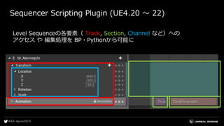 Sequencer Scripting Plugin (UE4.20 ～ 22)
Level Sequenceの各要素（ Track, Section, Channel など）への
アクセス や 編集処理を BP・Pythonから可能に
 