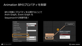 Animation BPのプロパティを制御
BPと同様にプロパティを公開することで
Anim Graph, Event Graph を
Sequencerから制御可能！
 