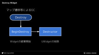 #UE4 | #gcconf2020
Destroy Widget
Destroy
BeginDestroy Destructor
マップ遷移等によるGC
UWidgetの削除Widgetの破棄開始
 