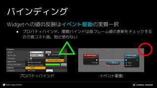 #UE4 | #gcconf2020
バインディング
Widgetへの値の反映はイベント駆動の実質一択
● プロパティバインド、関数バインドは毎フレーム値の更新をチェックする
ので高コスト故、殆ど使わない
プロパティバインド イベント駆動
 