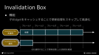 #UE4 | #gcconf2020
Invalidation Box
● 機能
子Widgetをキャッシュすることで更新処理をスキップして高速化
処理
フレーム1 フレーム2 フレーム3 フレーム4 フレーム5
Invalidation Box
未適用
Invalidation Box
適用
IBを適用することで更新処理による負荷を軽減
 