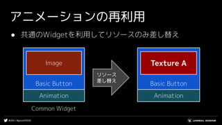 #UE4 | #gcconf2020
アニメーションの再利用
● 共通のWidgetを利用してリソースのみ差し替え
Basic Button
Animation
Image
リソース
差し替え
Basic Button
Animation
Texture A
Common Widget
 