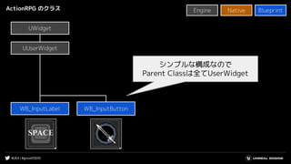 #UE4 | #gcconf2020
ActionRPG のクラス
UUserWidget
UWidgetUWidget
WB_InputButton
Native BlueprintEngine
シンプルな構成なので
Parent Classは全てUserWidget
WB_InputLabel
 