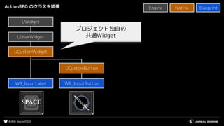 #UE4 | #gcconf2020
ActionRPG のクラスを拡張
UWidgetUWidget
Native BlueprintEngine
WB_InputLabel
UCustomWidget
UCustomButton
UUserWidget
WB_InputButton
プロジェクト独自の
共通Widget
 