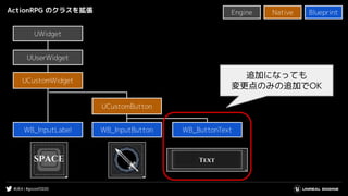 #UE4 | #gcconf2020
ActionRPG のクラスを拡張
UWidgetUWidget
Native BlueprintEngine
WB_InputLabel
UCustomWidget
UCustomButton
UUserWidget
WB_InputButton
追加になっても
変更点のみの追加でOK
WB_ButtonText
 