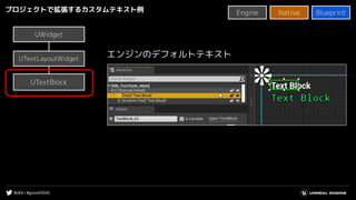 #UE4 | #gcconf2020
UWidgetUWidget
プロジェクトで拡張するカスタムテキスト例
UTextBlock
UTextLayoutWidget
エンジンのデフォルトテキスト
Native BlueprintEngine
 